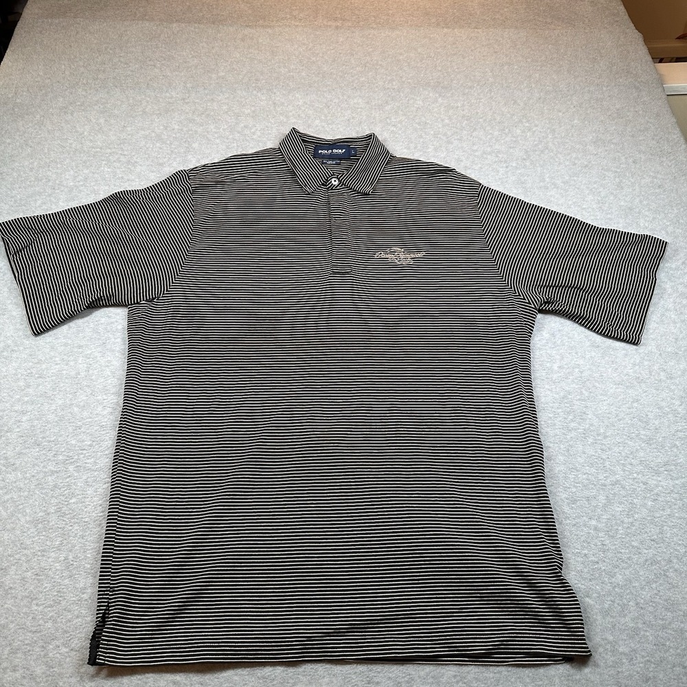 Polo Golf Ralph Lauren Mens XL Pima Short Sleeve Brown Striped Polo Shirt Emblem
